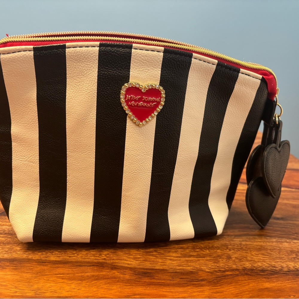 Betsey Johnson Black and White Striped Cosmetic Bag
